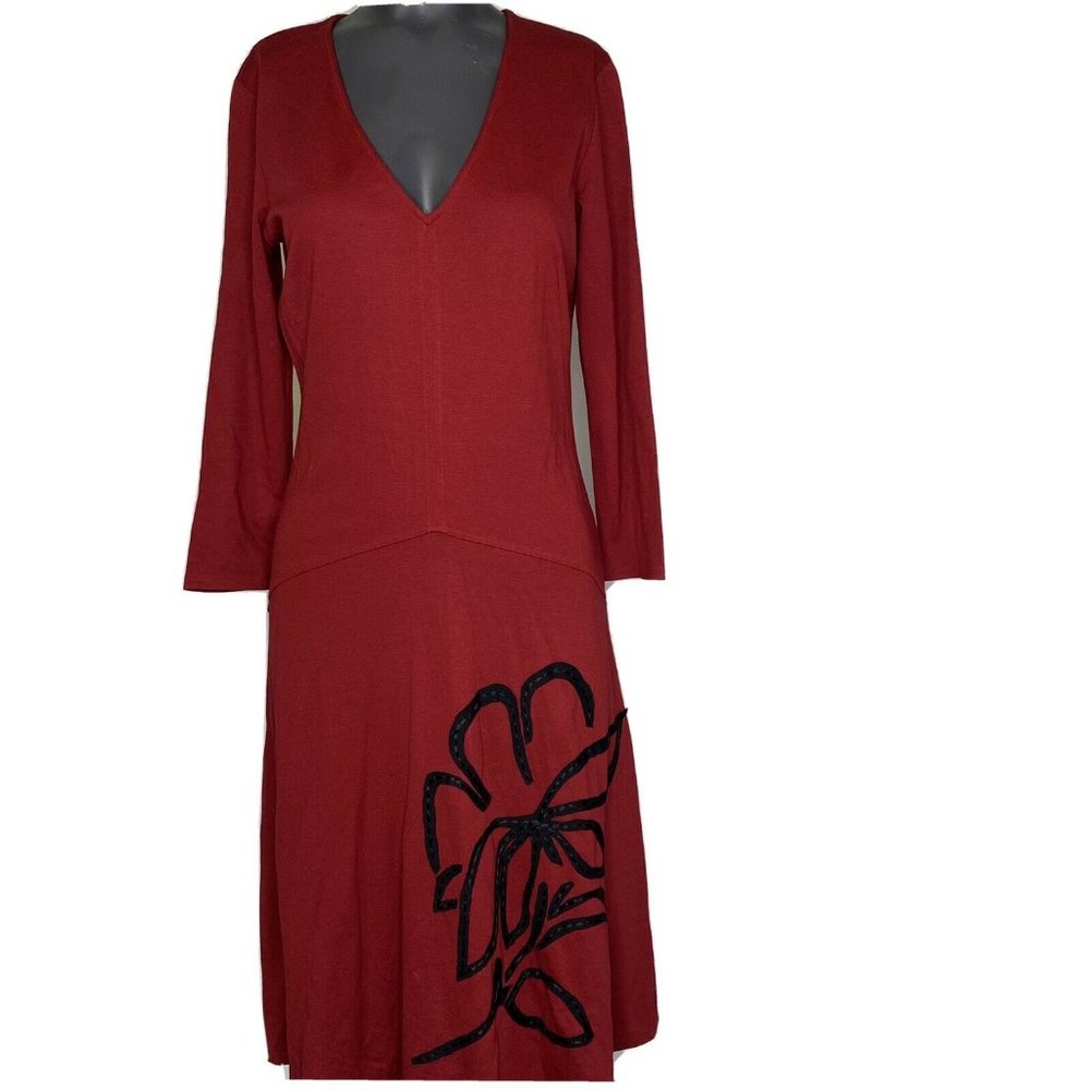 Natori Womens Red Floral Applique Dress